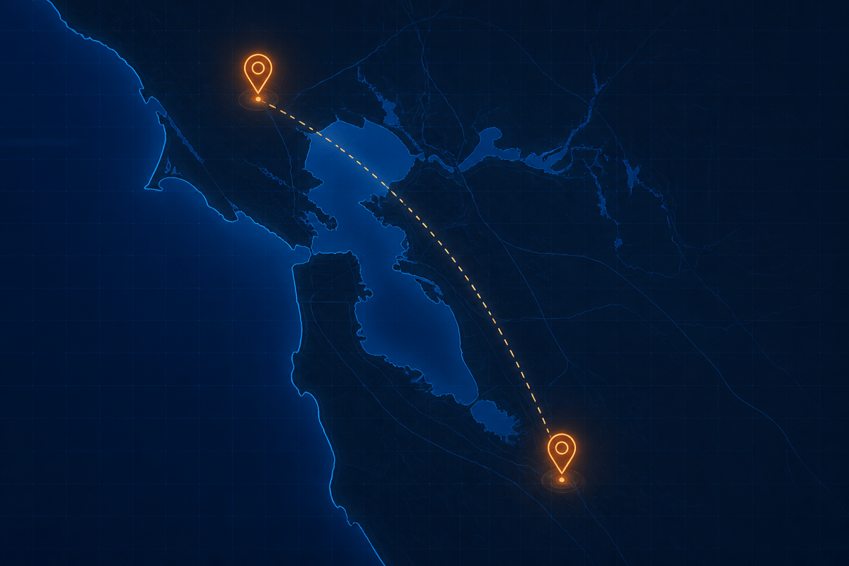 Map of the Bay Area showing Petaluma and San Jose coverage